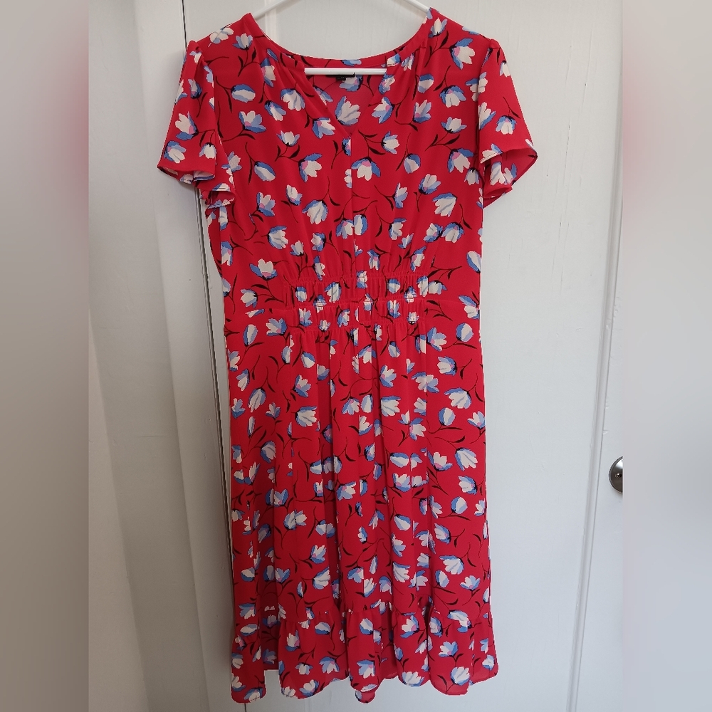 NWOT Talbots Women's 10 Red Floral Short Flutter Sleeve Flounce Hem Midi Dress